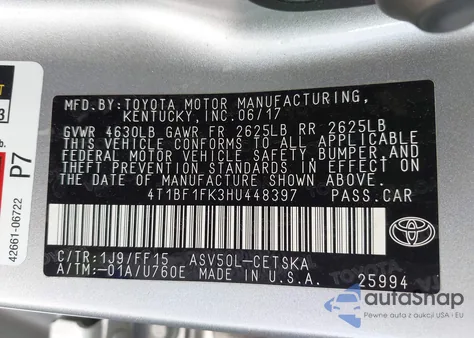 2017 Toyota Camry Se from USA, damaged, VIN 4T1BF1FK3HU448397
